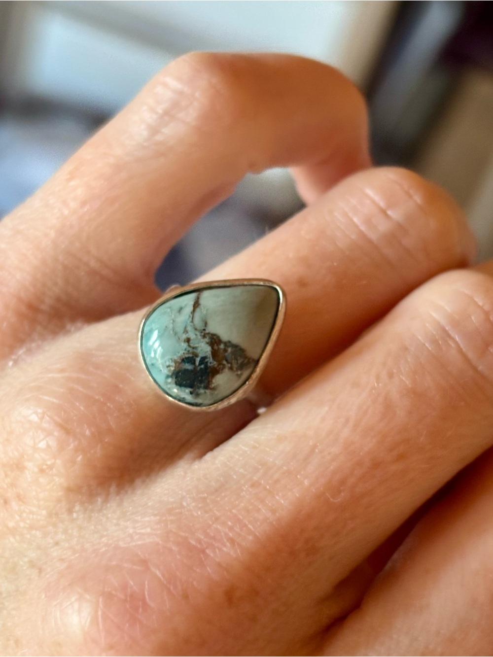 Natural Turquoise Teardrop Ring • 925 Silver, size 6